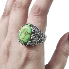 NATURAL GREEN COPPER TURQUOISE GEMSTONE 925 SILVER ARABIC STYLE SIGNET MENS RING