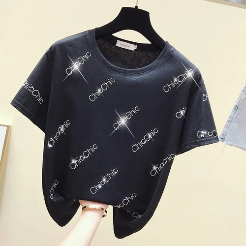 New Women Luxury Diamond Rhinestones Fashion Black White T-Shirt Hot Drilling - Picture 4 of 15