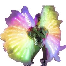 LED White Feather Fan Fluffy 13 Bone Handheld Carnival Belly Dance Stage Perform