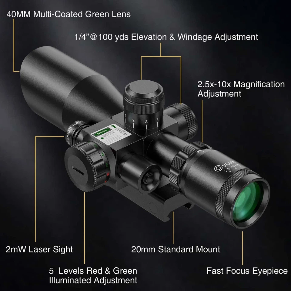 Escopo de rifle tático 2.5-10x40EG ponto mil iluminado duplo com laser verde e montagem - Imagem 2 de 4
