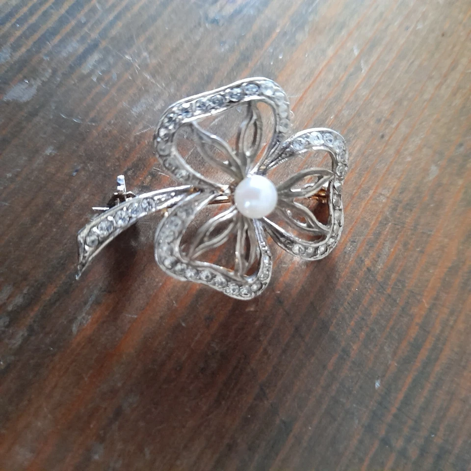 SPILLA PERLA COLTIVATA STRASS TRIFOGLIO ARGENTO 800 VINTAGE - Immagine 4 di 4