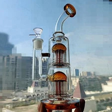 Double Arm Tree Perc Glass Water Pipe Amber Smoking Rig Thick Hookah Bubbler