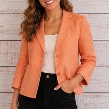 Jones New York Collection Linen Blazer Jacket Womens 6 Peach Coral 3/4 Sleeve
