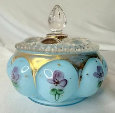 VTG Charleton Fenton Glass Floral Roses Blue w Gold Gilt Vanity Powder Puff Jar