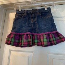 Gap Skirt Girls Sz 6 Blue Denim Plaid Ruffles Adjustable Waist Medium Wash Youth