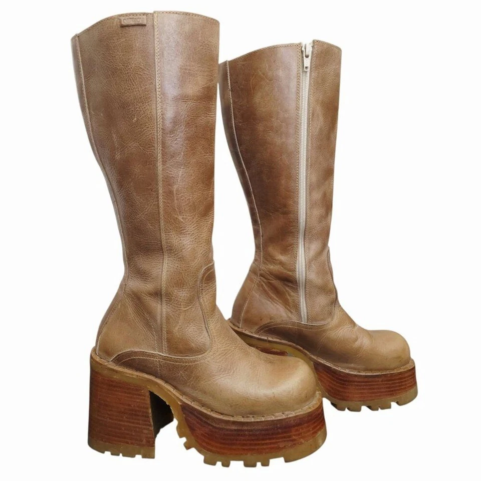 Destroy Vintage 90s Tan Leather Chunky Platform Knee High Boots 37 - Image 4 of 4