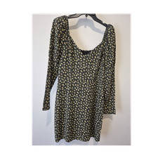 ROW•A Women L Black Yellow Floral Mini Dress Square Neck Puff Sleeve Zip Lined