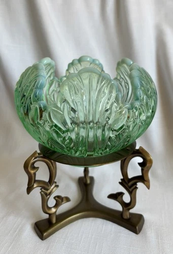 FENTON Empress Lotus Rose Bowl, Lime Green w/Opalescent Edge and Brass Stand