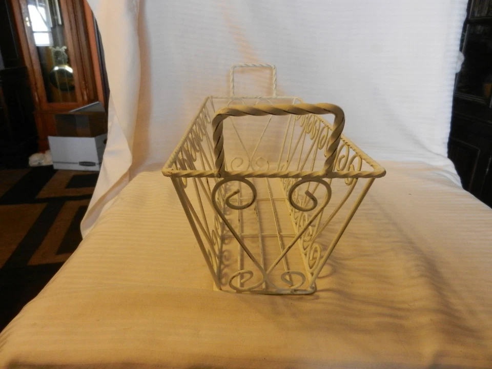 Decorative White Metal Rectangular Basket With Handles, Wire Design - Image 4 of 4