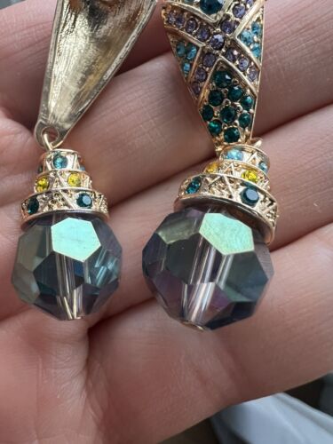 Museum Art Earrings Heidi Deco Daus Blue Crystal 14k Stud Dangle Gold Retro Vtg - Picture 5 of 8