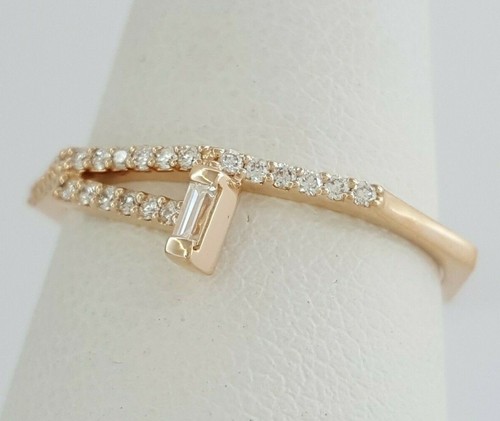 0.2 ct 18K Rose Gold Baguette & Round Cut Diamond Stackable T Ring - Picture 6 of 9