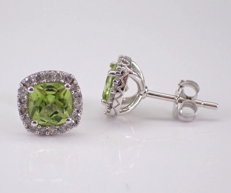 2.00Ct Cushion Cut Lab-Created Green Peridot Stud Earrings 14K White Gold Plated - Image 4 of 4