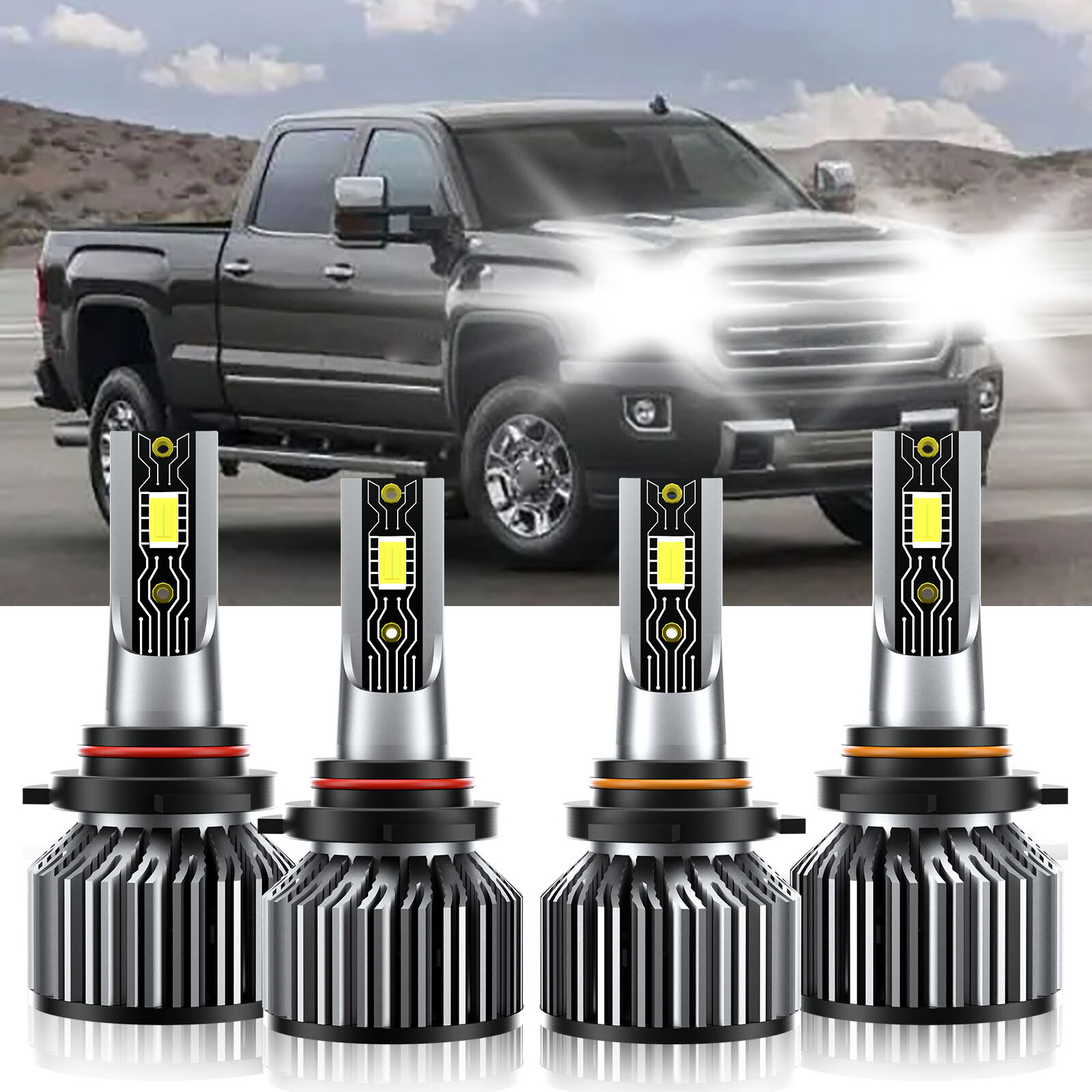 For GMC Sierra 3500 2001-2006 9005+9006 LED Headlight Bulbs White High Low Beam