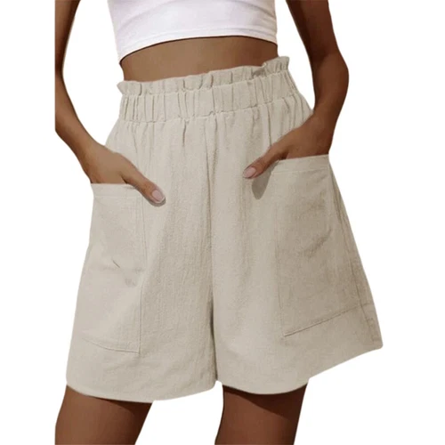 Womens Elastic Waist Casual Shorts Ladies Cotton Linen Pocket Summer Short Pants - Picture 7 of 17