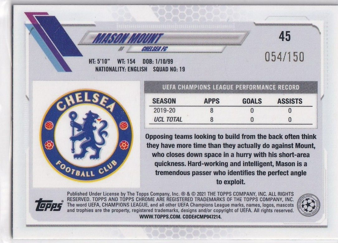 その他 Topps UCL chrome Mason Mount RC /150 Topps UCL chrome Mason