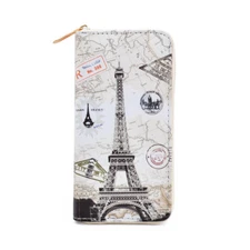 Premium Eiffel Tower & Map Print PU Leather Long Continental Zip Around Wallet
