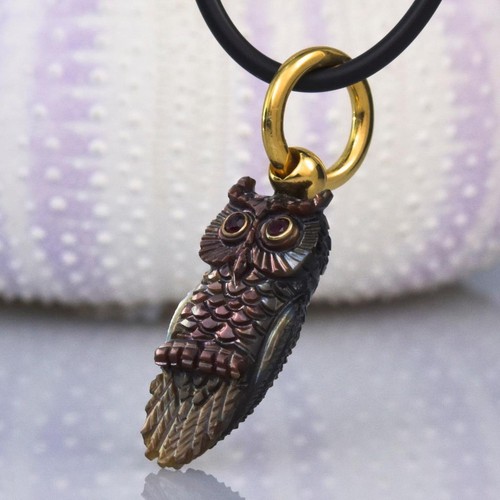 18K Gold Vermeil Sterling Silver Mother-of-Pearl Owl Pendant Red Ruby Eyes 4.00g - Picture 5 of 9