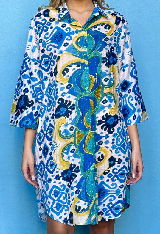 ANTICA SARTORIA 2024 BLUE AQUA GOLD  BUTTON DOWN SHORT DRESS NWT XL TO XXL