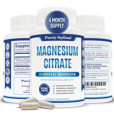Purely Optimal Magnesium Citrate 500mg   120 Count (Pack of 1), White 
