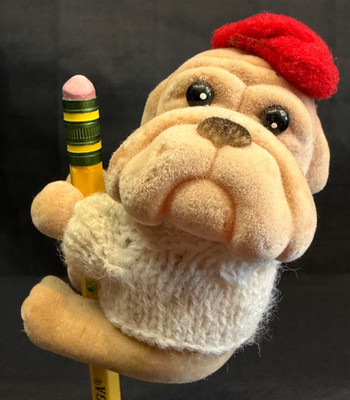 RAD 80s Retro PENCIL HUGGER Flocked BULLDOG IN RED BERET & WHITE SWEATER