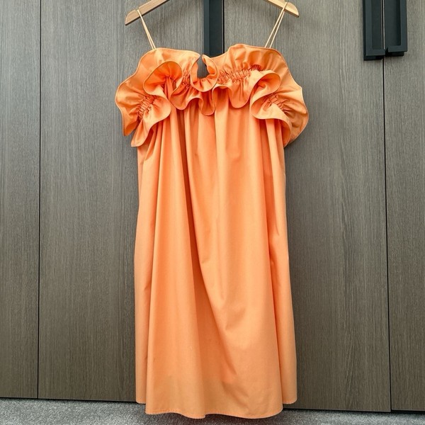 orange solid strapless ruched ruffle shift knee length dress size l regular