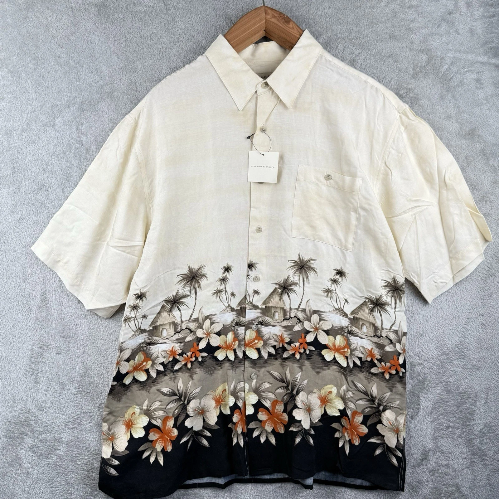Preswick & Moore Hawaiian Shirt Mens XL Hibiscus Flowers Palm Trees Beach NWT
