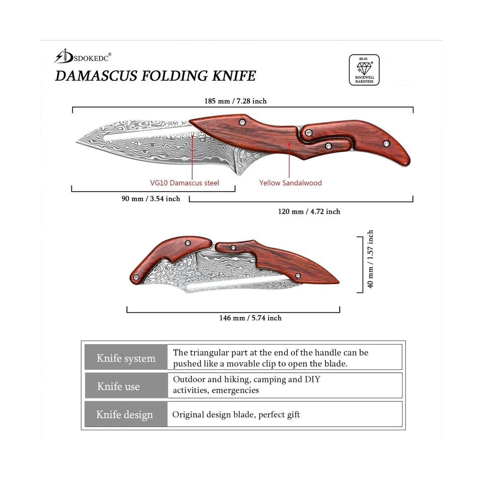 Cuchillo de Bolsillo Plegable de Acero Damasco Mango de Sándalo Amarillo... Envío Rápido Foto 2 de 4