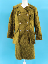 VTG Women's 60s 2 Pc Olive Green Tapestry Fabric Jacket  Skirt Set XS/S 1960s