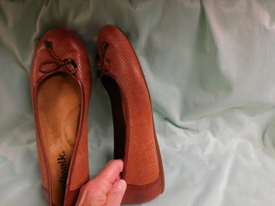 SOFTWALK 女士鞋钱包平底鞋中号 COGNAC 棕色纹理蝴蝶结 9M 全新 — 第 4/4 张图片
