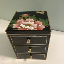 Otagiri Japan Lacquerware Black 3 Drawer Jewelry Trinket Box Hand Crafted