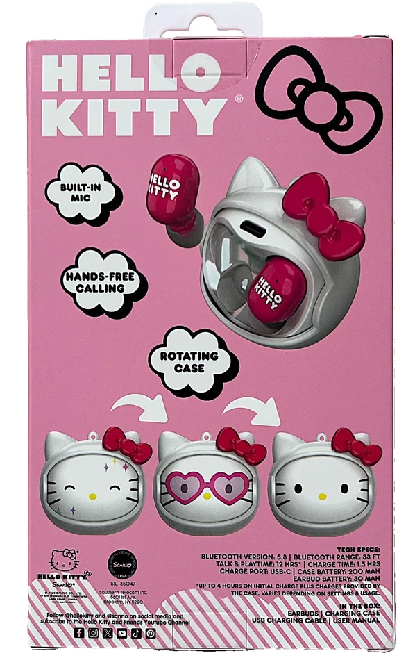 Sanrio Hello Kitty Bluetooth беспроводные наушники с вращающимся лицом зарядки чехол новый в коробке - Изображение 2 из 3