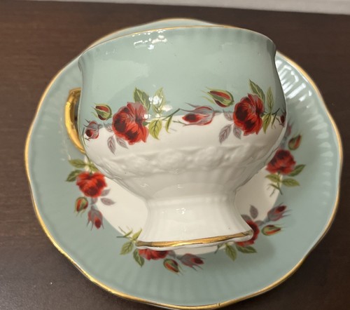 Vintage Rosina Fine Bone China Tea Cup & Saucer England Pale Blue Red Flower - Picture 5 of 11