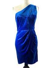 Lulus Velvet Party Dress Womens Size Medium Blue Hoco One Shoulder Wrap Bottom