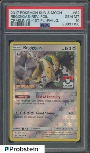 Regigigas 84 S&M Crimson Inv 1ST PLACE LEAGUE STAMPED Pokemon Card PSA 10
