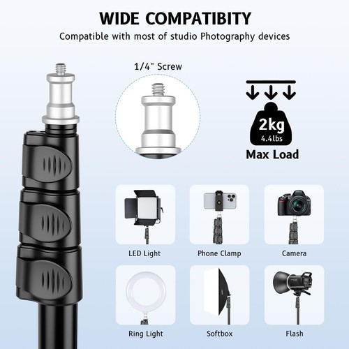 Supporto Luminoso per Fotografia, Treppiede Regolabile 6.56ft/200cm in Alluminio con 360... - Foto 6 di 9