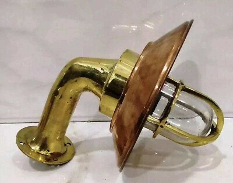 NAUTICAL MARINE BRASS WALL SCONCE OUTDOOR SHIP LIGHT WITH COPPER SHADE SET OF 2 - Image 4 of 4