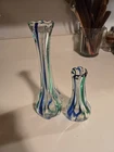 Vtg 11” & 6" Art Deco Clear Glass Blue Green Striped Swung Vases Murano Style