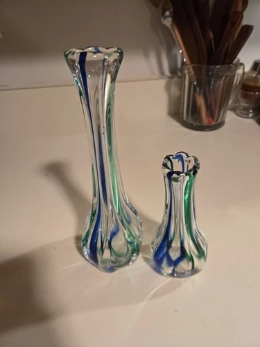 Vtg 11” & 6" Art Deco Clear Glass Blue Green Striped Swung Vases Murano Style