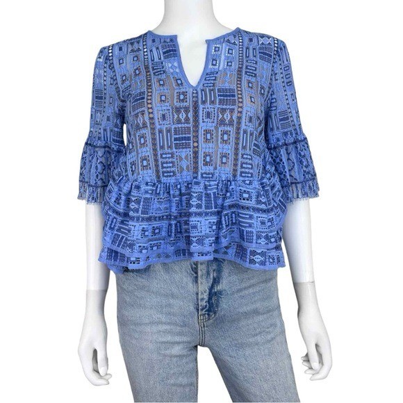 BCBGMAXAZRIA Blue Lace Peplum Blouse Size XXS N0597