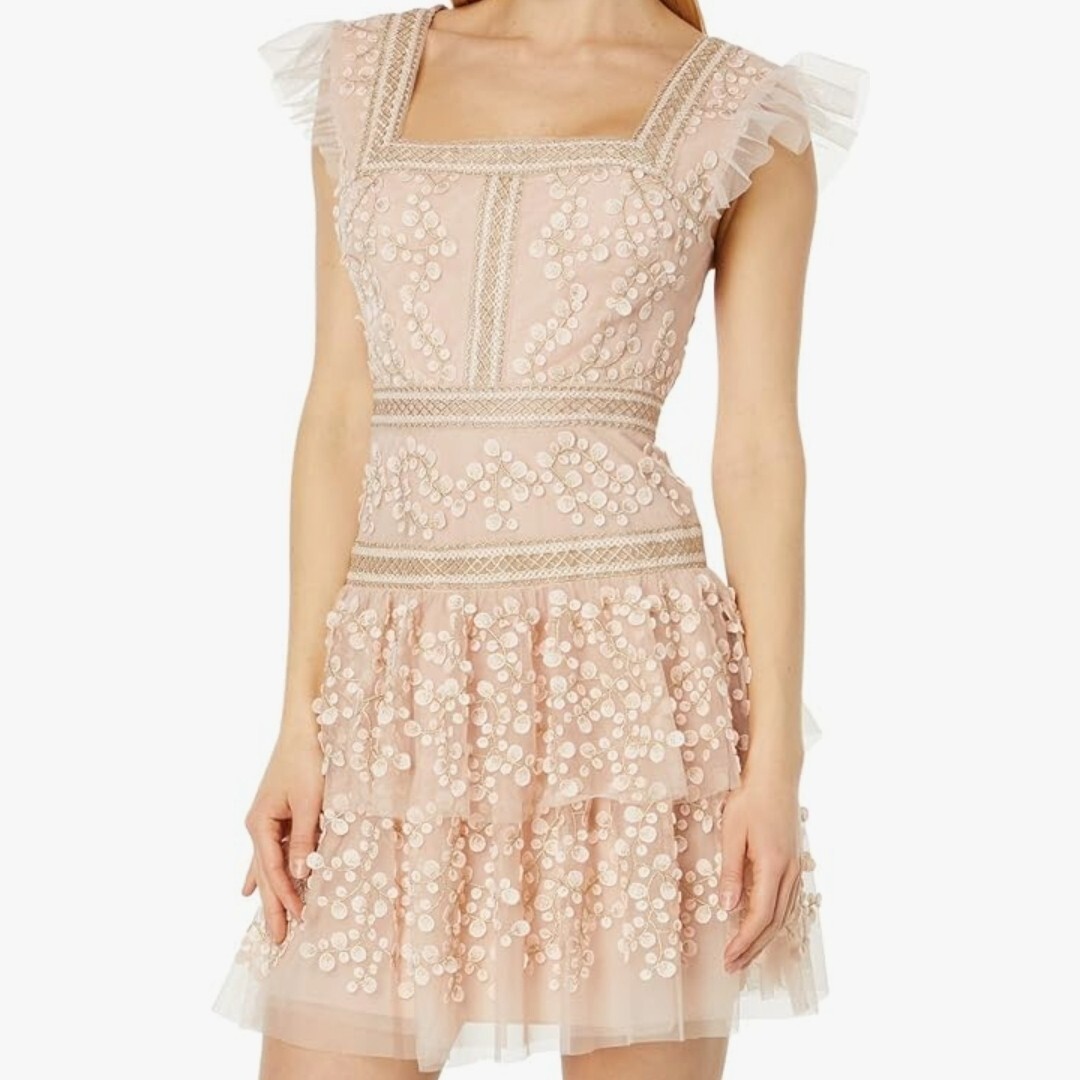 BCBGMAXAZRIA Women's Pink Floral Embroidered Tulle Ruffle Dress