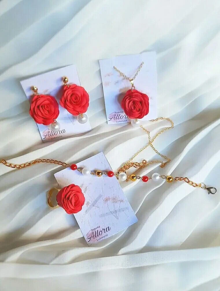 Red rose deals flower jewelry set