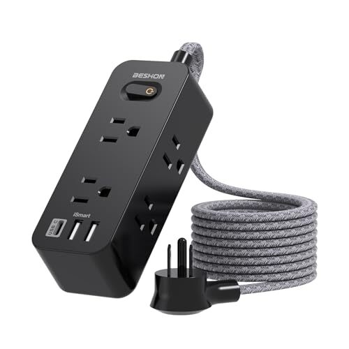 Black Power Strip Surge Protector 5Ft Extension Cord 6 Outlets with 3 USB Por...