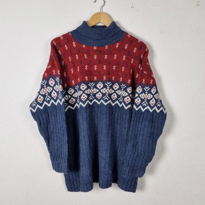 Vintage Basic Edition Pullover Damen Large blau Fair Isle Rollkragen Strickpullover