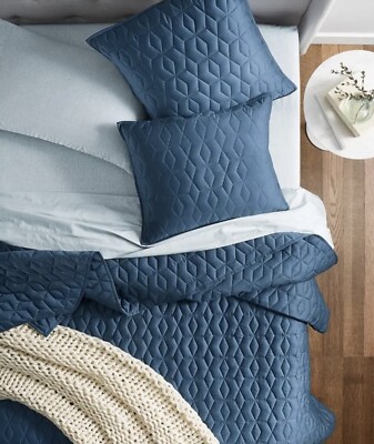 Oake Cotton Tencel Geometric Embroidered KING 104 x 96 Quilt Navy Blue $240