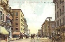 Pasadena, CALIFORNIA - Colorado St - 1909 - trolley, truck, horse & wagon, bike