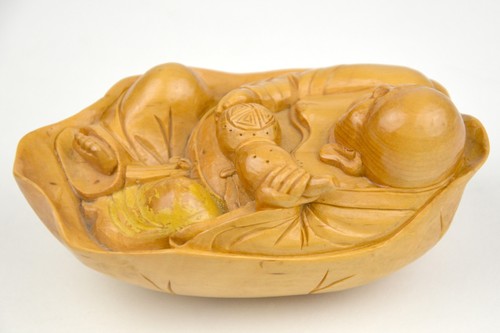 Chinesischer Buddha handgeschnitzt Holz Holzschnitzerei Baden auf dem Rücken - Bild 2 von 3