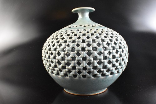 T6636: Korean Goryeo celadon patternWatermarks sculpture FLOWER VASE Ikebana - Picture 5 of 9