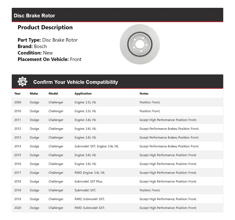 For 2009-2020 Dodge Challenger Bosch QuietCast Disc Brake Rotor Front 2010 2011 - Image 2 of 4