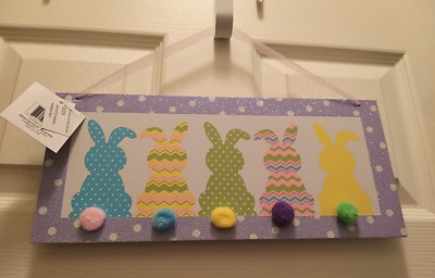 Happy Easter Hanging Wall Glitter Sing W/ 5 Cute Rabbit /Bunnies Cotton Tails