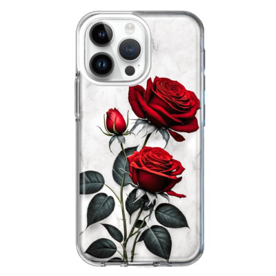 For Apple iPhone 14 Pro Max Shockproof Hybrid Case, White Marble Red Roses